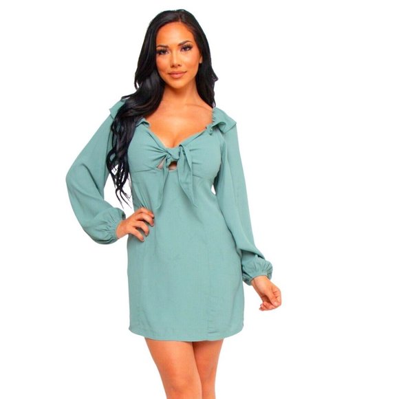 Mini DresS Sage Green Tie Knot Front Long Sleeve Empire Waist - Picture 4 of 4